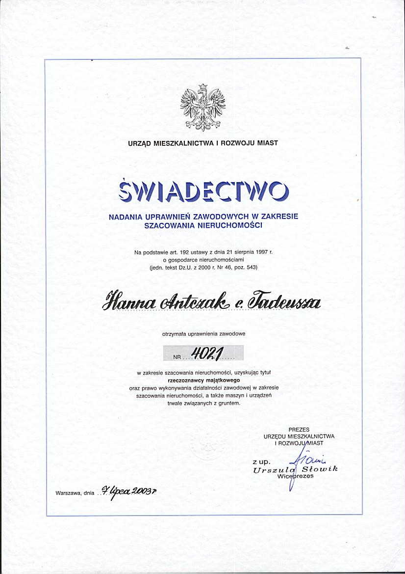 ŚWIADECTWO NADANIA UPRAWNIEŃ ZAWODOWYCH
